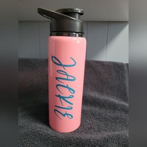 Customized "Jackie" Pink Water Bottle with Blue Script